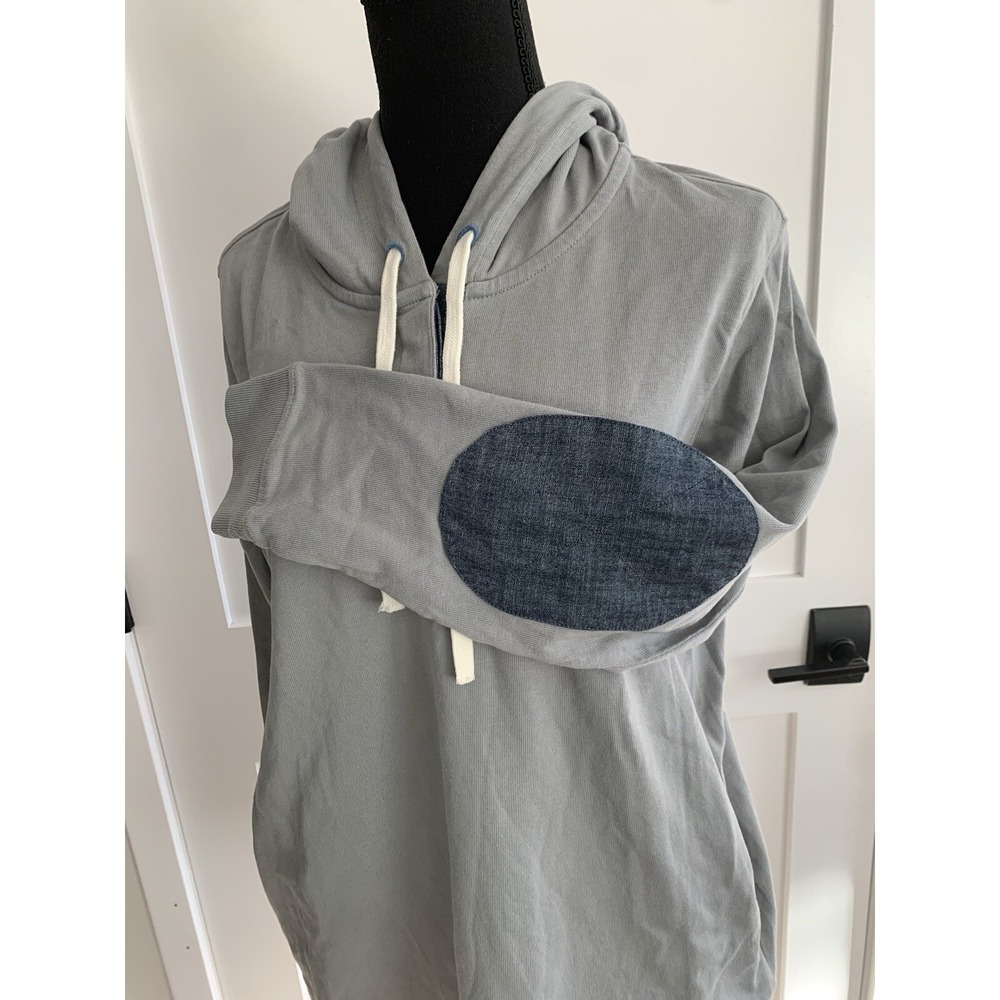 Grey Quarter Zip Longline Hoodie with‎ Denim Elbow Patches and Pockets